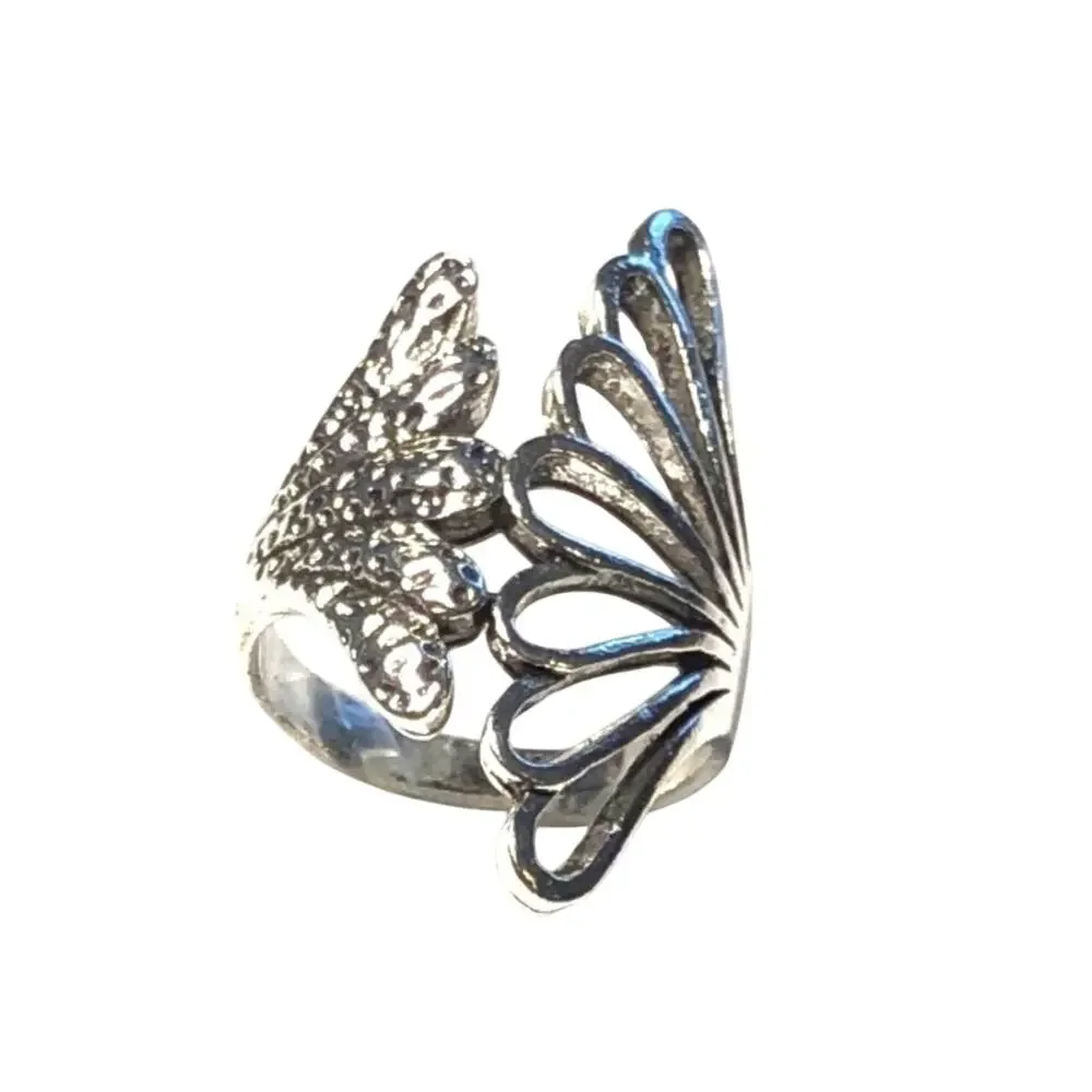 Silver plated chunky double floral bohemian ring unique boho Size 9